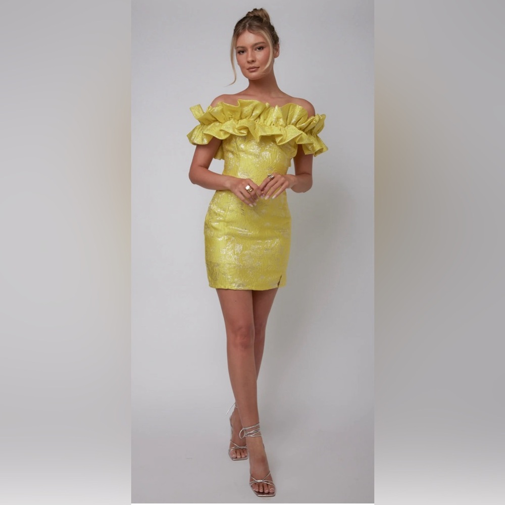 The Sang, Yellow off the shoulder mini dress with ruffles.